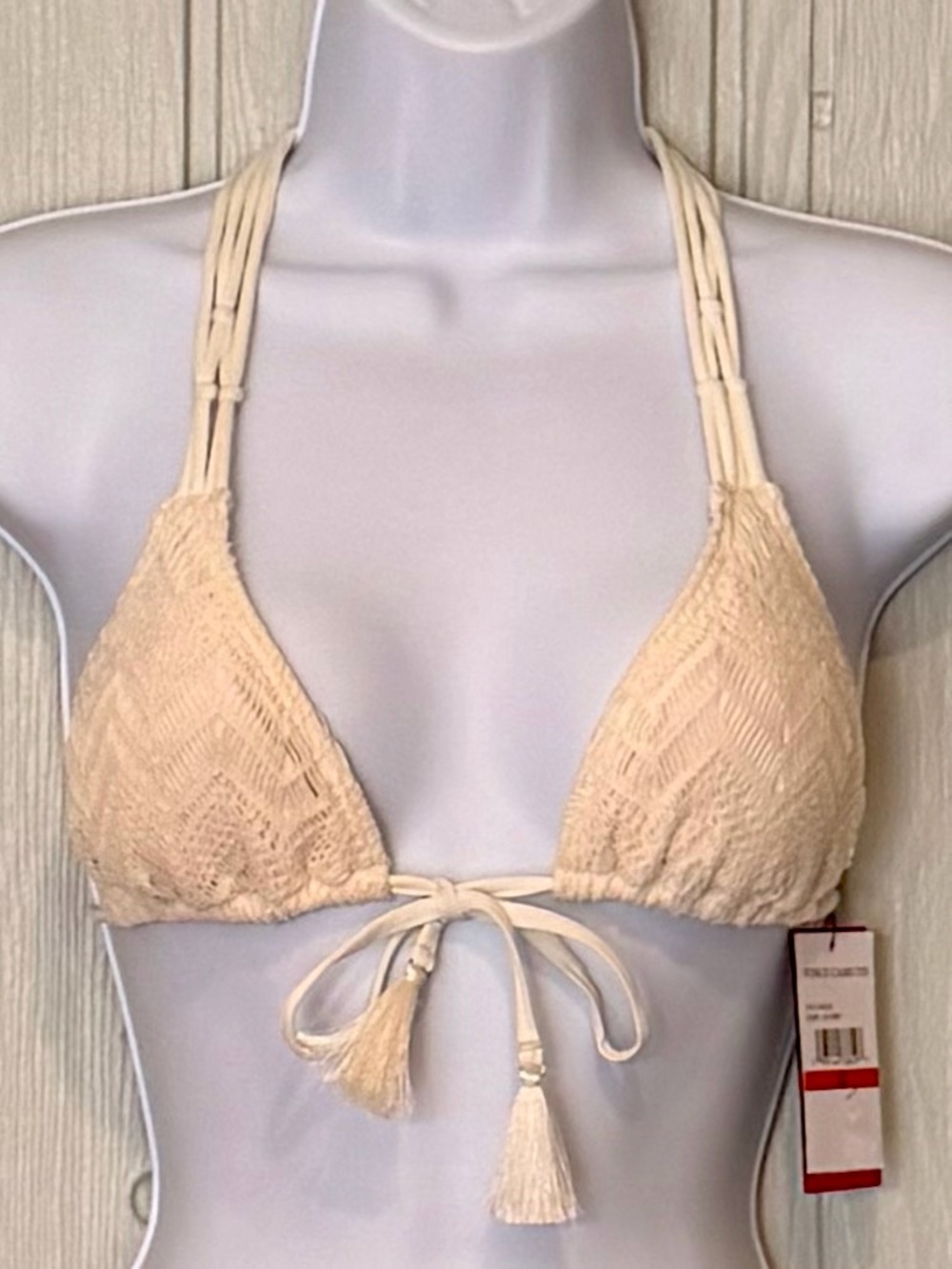 NWT. Vince Camuto Ivory Crochet Triangle Bikini Top with Tassel Tie